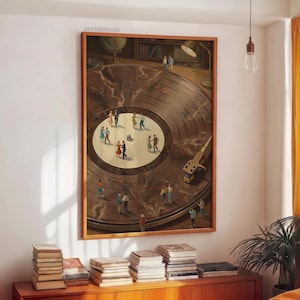 May include: A framed artwork depicting a vinyl record with miniature figures dancing on its surface. The record is brown with a textured appearance, and the figures are dressed in various colors. The artwork is displayed on a white wall above a wooden cabinet.