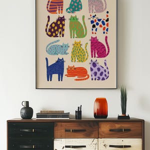 Puede incluir: Una impresi&oacute;n art&iacute;stica enmarcada con una colecci&oacute;n de gatos estilizados en varios colores y patrones. Los gatos est&aacute;n dispuestos en una cuadr&iacute;cula, cada uno mostrando un dise&ntilde;o &uacute;nico. El texto "printablecorp" est&aacute; en la esquina superior izquierda.