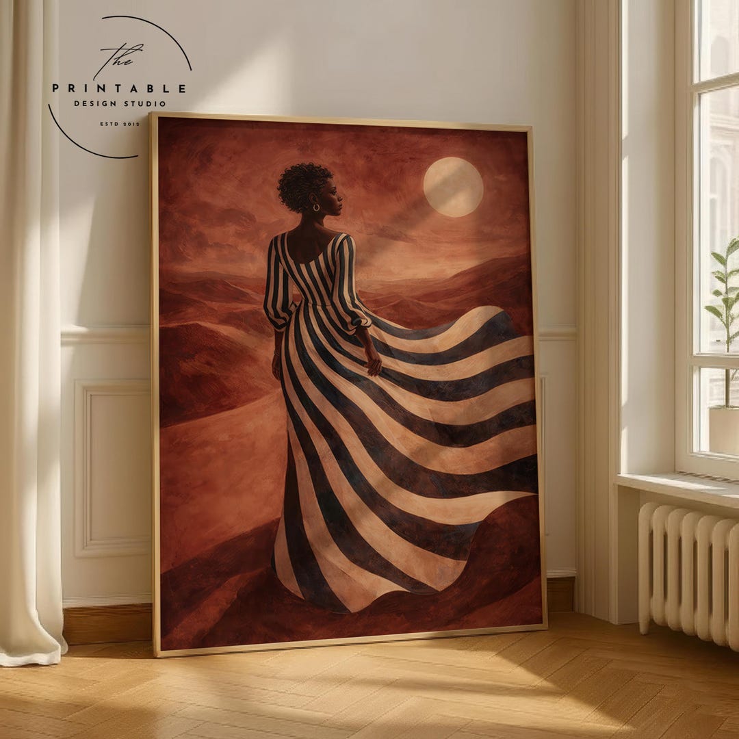 Abstract Woman Art Print, Moonlit Desert Wall Decor, Bold Striped Dress ...