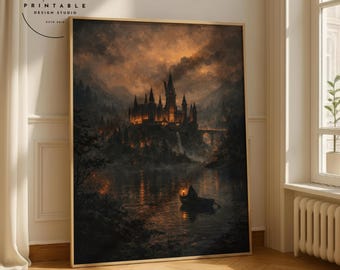 Dark Academia Wall Art, Wizard School Over Lake Painting, Gothic Castle Print, Magical Landscape, Spiritual Meditating Figure, Printable Art