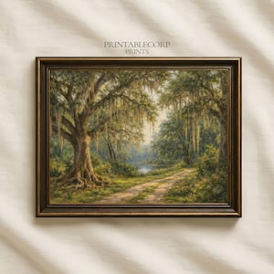 Spanish Moss Oak Tree Path Print, Southern Bayou Landscape Wall Art, Louisiana Nature Poster, Vintage Green Forest Painting Printable
