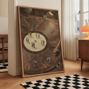May include: A framed artwork depicts a vintage record player with miniature figures dancing on the record's surface. The artwork has a warm color palette, with a wooden frame and a black and white checkered rug in the foreground.