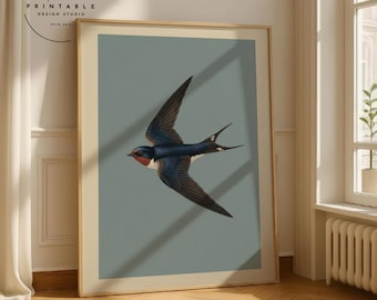 Vintage Schwalbe Gerahmter Kunstdruck: Art Deco Vogel Lithographie Digital Download