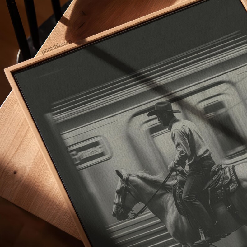 May include: Black and white framed print featuring a cowboy on horseback, riding past a train. The cowboy wears a hat and is riding a light-colored horse. The print has a wooden frame and the text "printable.com" is visible.