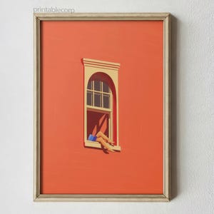 May include: Framed art print featuring a vibrant orange wall with a window. The window has an arched top and a beige frame. Legs wearing blue shorts are seen resting on the window sill. The artwork is a minimalist, modern style.