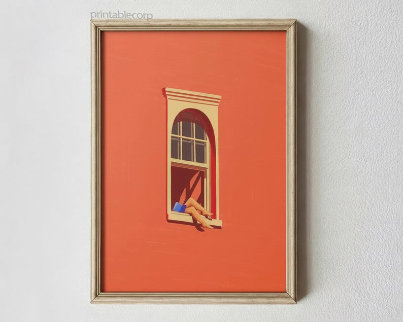 May include: Framed art print featuring a vibrant orange wall with a window. The window has an arched top and a beige frame. Legs wearing blue shorts are seen resting on the window sill. The artwork is a minimalist, modern style.