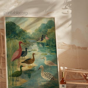 Puede incluir: Una impresi&oacute;n art&iacute;stica enmarcada con una ilustraci&oacute;n en acuarela de varias especies de aves en un entorno de humedal sereno. La obra de arte muestra aves con diversos patrones y colores, de pie en el agua con exuberante vegetaci&oacute;n y &aacute;rboles. El texto "printablecorp" es visible.