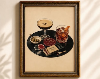 May include: A framed wall art print featuring a black vinyl record serving as a tray for a martini glass with coffee beans, a rocks glass with an orange peel, a small bowl of green olives, poker chips, and a box labeled Cocktail Lounge.