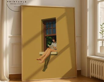 Arte digital minimalista audaz para pared, decoración estética para el hogar, impresión cálida y colorida, descarga digital para amantes de los libros, impresión literaria con decoración de dopamina