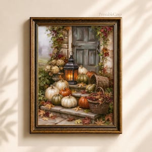 Decorazione autunnale per la veranda, stampa vintage con zucca e lanterna, arredamento accogliente in stile cottagecore per il raccolto, download digitale.