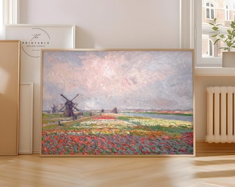 Campos de tulipanes cerca de La Haya, Claude Monet / Pintura de paisaje impresionista / Impresión de flores campestres / Arte mural imprimible / Descarga digital