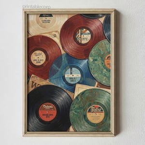 May include: A framed print featuring a collection of vintage vinyl records in various colors, including red, blue, and green. The records have labels with text such as "Soul & Jazz Gems" and "Vintage Vinyl Hits." The artwork evokes a retro aesthetic.