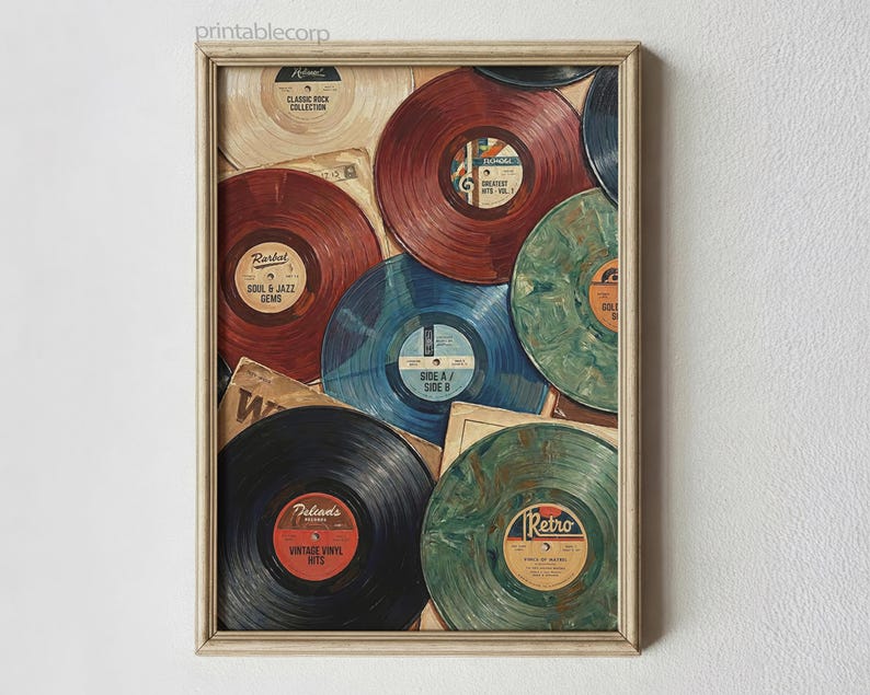 May include: A framed print featuring a collection of vintage vinyl records in various colors, including red, blue, and green. The records have labels with text such as "Soul & Jazz Gems" and "Vintage Vinyl Hits." The artwork evokes a retro aesthetic.