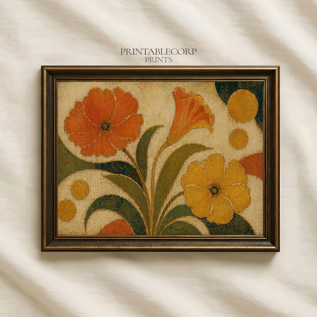 Retro Botanical Wall Art Mustard Yellow Flower Poster Mid-century ...