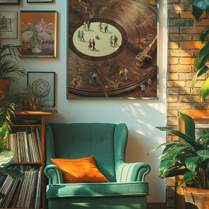 May include: A framed artwork depicts a vinyl record with miniature figures dancing on its surface. The artwork hangs above a green armchair with an orange pillow. The room has a warm, inviting atmosphere with a brick wall and plants.