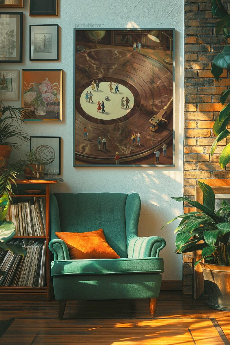 May include: A framed artwork depicts a vinyl record with miniature figures dancing on its surface. The artwork hangs above a green armchair with an orange pillow. The room has a warm, inviting atmosphere with a brick wall and plants.