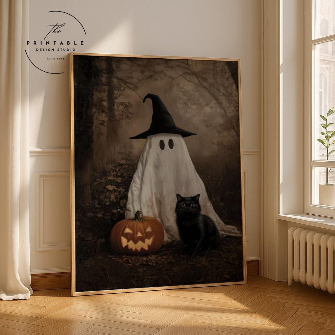 Printable Vintage Halloween Print, Cute Ghost & Black Cat in Dark Fall ...