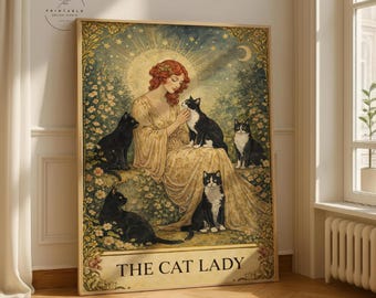 中居ベル　キャンバスプリント　「Cat Lady」 The Cat Lady Tarot Print, Art Nouveau Cat Lovers Wall Art, Vintage