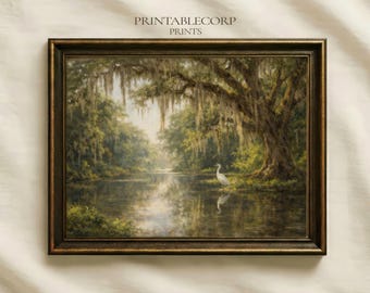 Zuidelijk moeras landschap kunst aan de muur, reiger rivier print, Spaans mos decor, lowcountry natuur poster, fysieke print