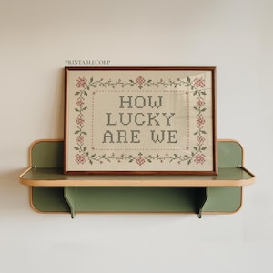 May include: A rectangular framed cross-stitch embroidery featuring the text HOW LUCKY ARE WE in black letters, surrounded by a decorative border of small pink flowers and green vines. The artwork is displayed on a green wall-mounted shelf.