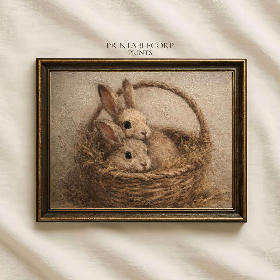Bunny Wall Art Print, Vintage Rabbit Painting, Cottagecore Animal Decor ...