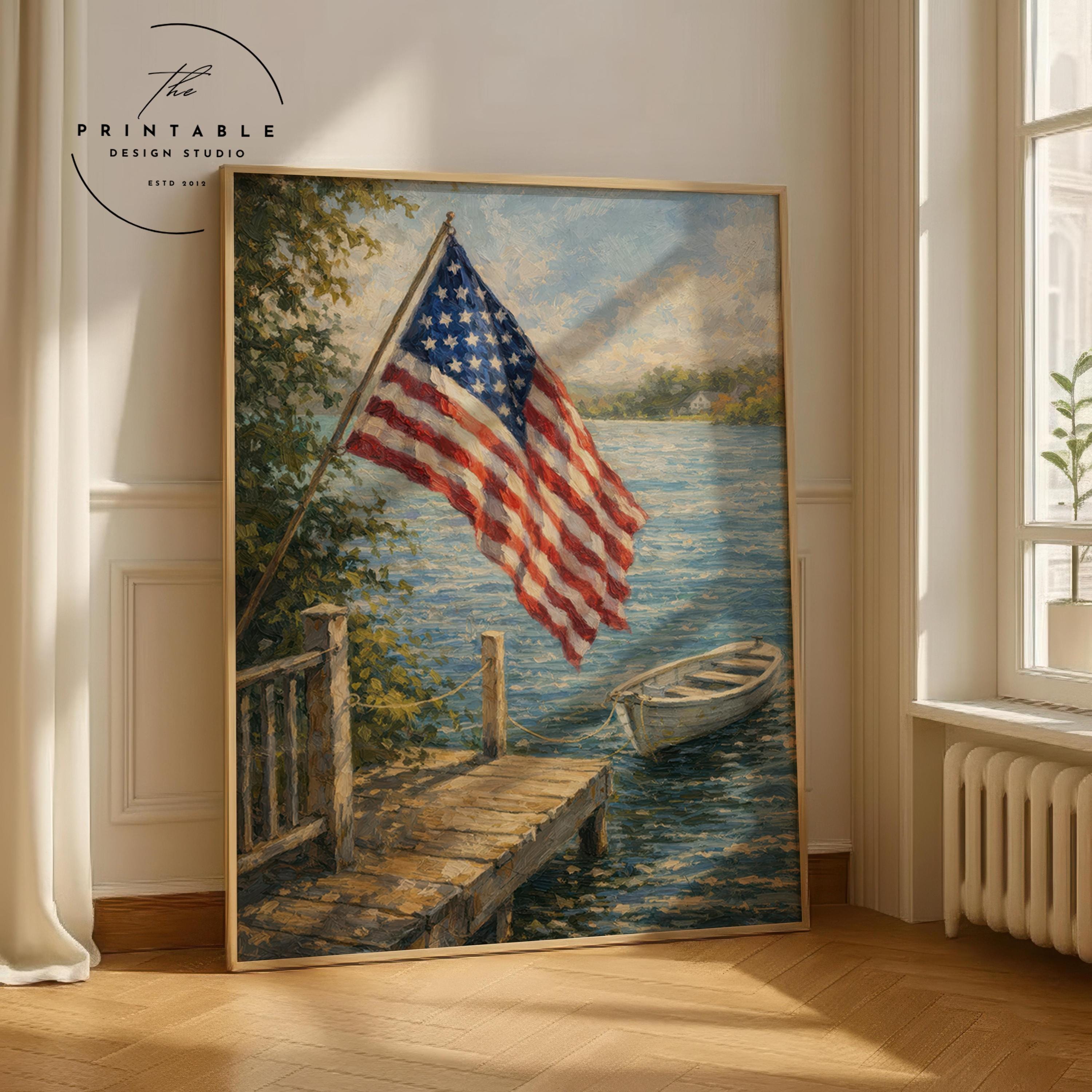 【USA vintage】ポスター　アートワーク　ウォールデコ　アメリカ Vintage American Flag Lake Dock Printable Wall Art, Patriotic