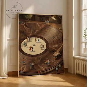 May include: A framed print featuring a surreal scene of miniature figures dancing on a giant vinyl record. The record is set in a room with a library, globe, and lamp. The print has the text "The Printable Design Studio" and "ESTD 2015".