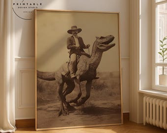 Dinosaur Cowboy, Vintage photography, Art Poster Print, Dark Academia, Gothic Occult Poster, Gothic Home Decor, Western Jurassic