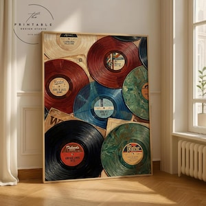 May include: A framed print featuring a collage of vintage vinyl records in various colors, including red, blue, and green. The records have labels with text such as "Classic Rock Collection" and "Vintage Vinyl Hits". The print is in a wooden frame.