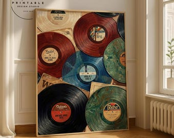 May include: A framed print featuring a collage of vintage vinyl records in various colors, including red, blue, and green. The records have labels with text such as "Classic Rock Collection" and "Vintage Vinyl Hits". The print is in a wooden frame.