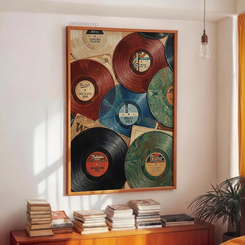 May include: A framed print featuring a collection of vintage vinyl records in various colors, including red, blue, and green. The records are arranged with their labels visible, showcasing titles like "Soul & Jazz Gems" and "Retro". The print is displayed above a wooden cabinet.