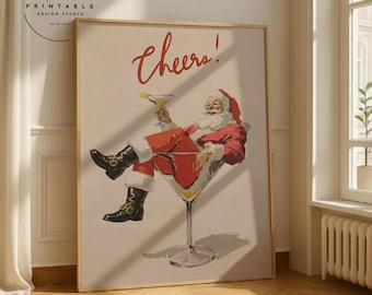 Plakat "Cheers Santa Claus", zabawna sztuka ścienna w stylu retro, wydruk koktajlowy w stylu vintage, dekoracja wózka barowego Santa Martini (pobieranie cyfrowe)