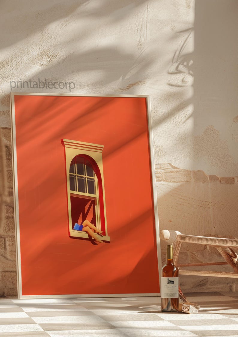 May include: A framed art print featuring a vibrant orange wall with a window. The window has a beige frame and a person's legs are visible, wearing blue shorts. A bottle of wine sits on the floor. The text "printablecorp" is in the upper left corner.