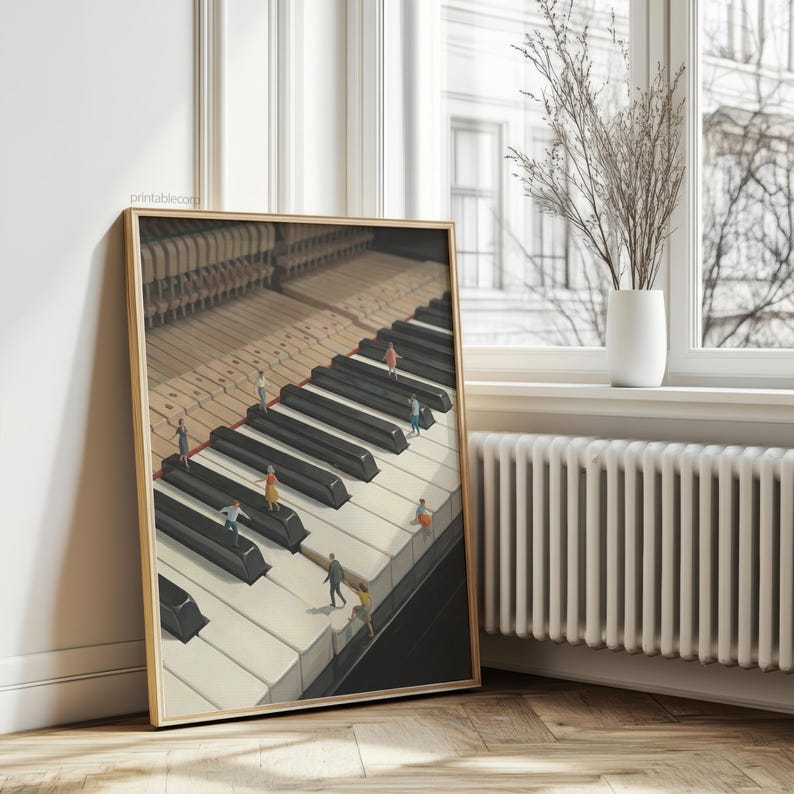May include: Framed art print featuring a detailed piano keyboard with miniature figures walking on the keys. The artwork has a warm color palette and is set against a window with a vase of dried flowers.