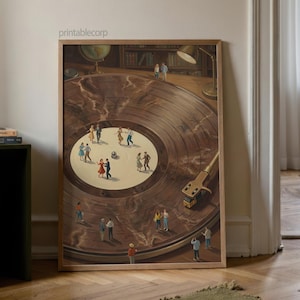 May include: A framed print depicting a vintage record player with miniature figures dancing on the record's surface. The artwork features a warm color palette with a wooden frame, a globe, and a lamp.