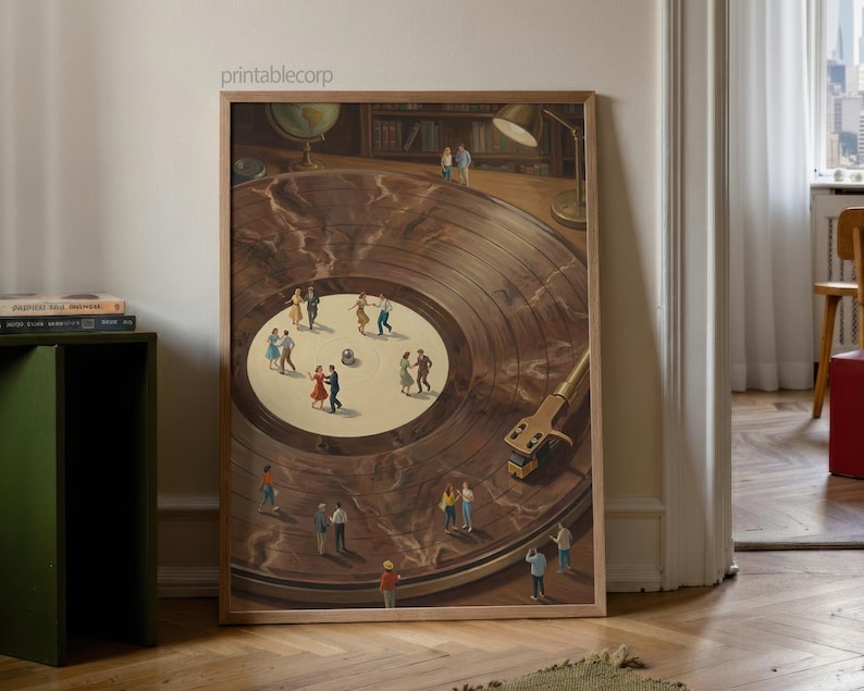 May include: A framed print depicting a vintage record player with miniature figures dancing on the record's surface. The artwork features a warm color palette with a wooden frame, a globe, and a lamp.