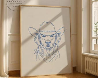 Cowboy Dog Blue Art Print: Trendy Western Decor (Digital Download)