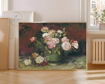 Peonías y rosas de Vincent van Gogh / Impresión de arte impresionista / Impresión de pintura floral vintage / Arte mural imprimible / Descarga digital