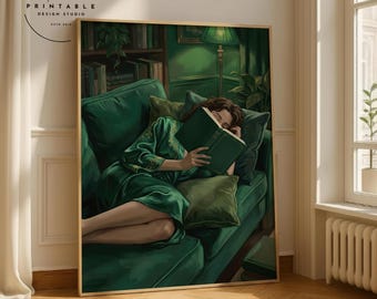 Arte de parede de mulher lendo verde esmeralda, pôster grande de pessoas abstratas, arte listrada aconchegante, retrato minimalista contemporâneo, download digital
