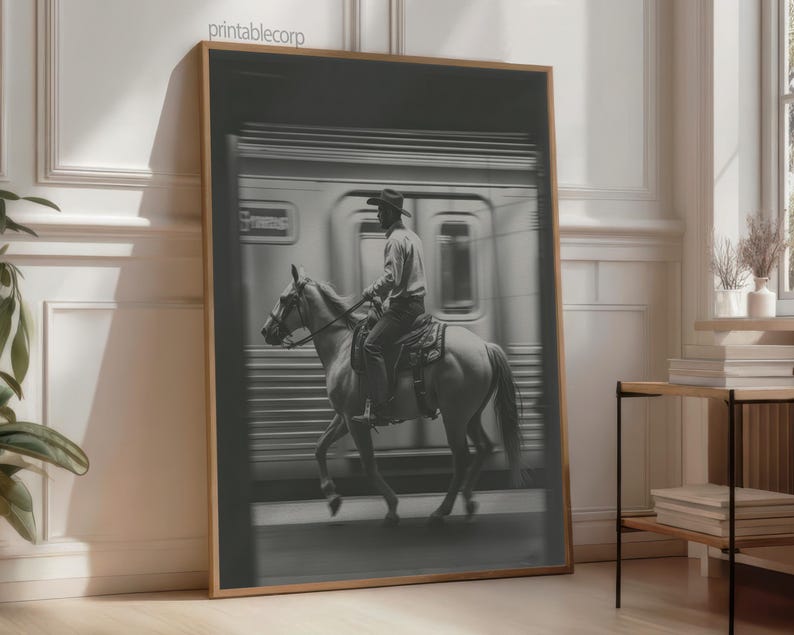 May include: Black and white framed print featuring a cowboy riding a horse in front of a train. The cowboy wears a hat and is seated on a saddle. The image has a vintage aesthetic and is displayed in a room with natural light.