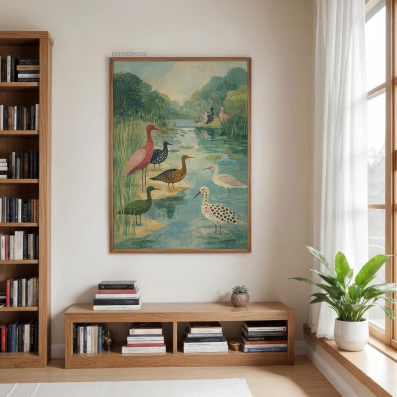 Puede incluir: Una impresi&oacute;n art&iacute;stica enmarcada que presenta un paisaje sereno con una masa de agua y varias aves. Las aves est&aacute;n representadas en varios colores y patrones, incluyendo rosa, negro y blanco moteado. La obra de arte tiene una est&eacute;tica vintage.