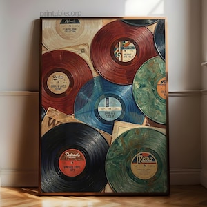May include: A framed print featuring a collection of vintage vinyl records in various colors, including red, blue, and green. The records are arranged in a layered composition, with some partially obscured. The print has a retro aesthetic.