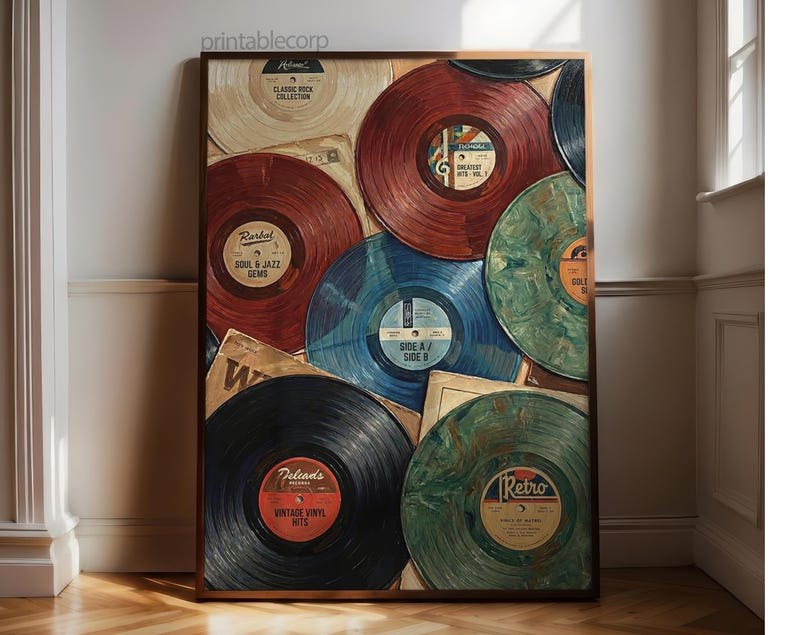 May include: A framed print featuring a collection of vintage vinyl records in various colors, including red, blue, and green. The records are arranged in a layered composition, with some partially obscured. The print has a retro aesthetic.