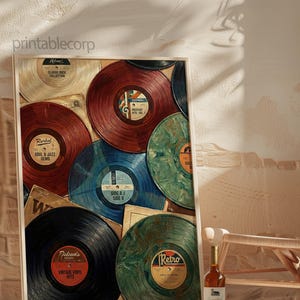 May include: A framed print featuring a collage of vintage vinyl records in various colors, including red, blue, and green. The labels display text such as "Soul & Jazz Gems" and "Vintage Vinyl Hits." A bottle of wine sits nearby.