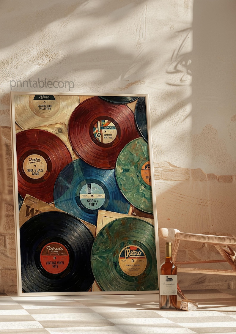 May include: A framed print featuring a collage of vintage vinyl records in various colors, including red, blue, and green. The labels display text such as "Soul & Jazz Gems" and "Vintage Vinyl Hits." A bottle of wine sits nearby.