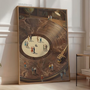 May include: A framed art print depicting a vintage record player with miniature figures dancing on the record's surface. The artwork features warm brown tones and a retro aesthetic, with a golden tone needle and a library in the background.