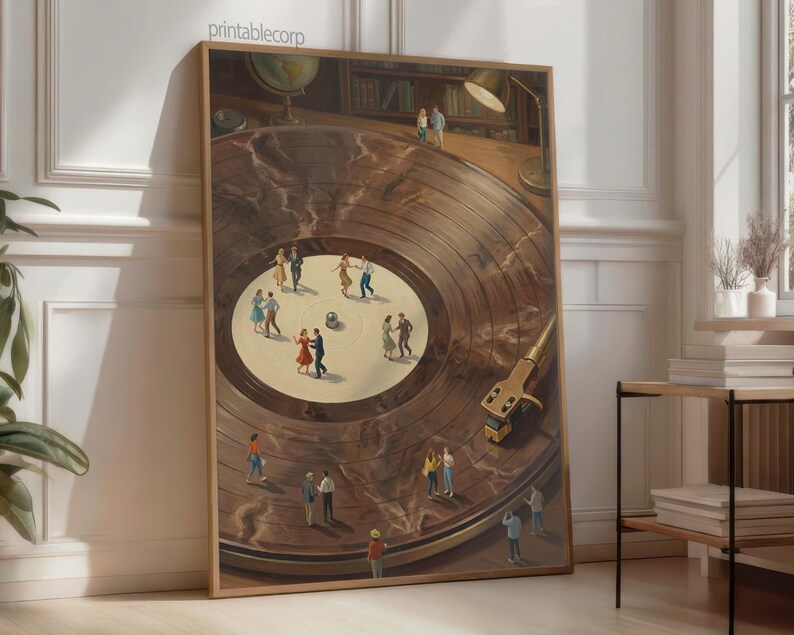 May include: A framed art print depicting a vintage record player with miniature figures dancing on the record's surface. The artwork features warm brown tones and a retro aesthetic, with a golden tone needle and a library in the background.