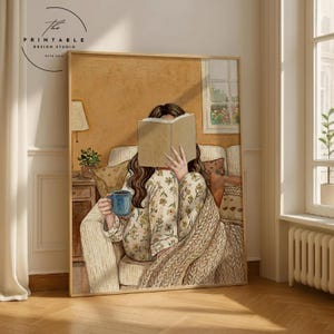 Mysig läsande kvinna väggkonst, bokälskare present, hygge heminredning, kaffe och böcker tryck, höstestetik, akvarell biblioteksaffisch