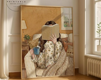 Cozy Reading Woman Wall Art, Book Lover Gift, Hygge Home Decor, Coffee and Books Print, Autumn Aesthetic, Watercolor Library Poster