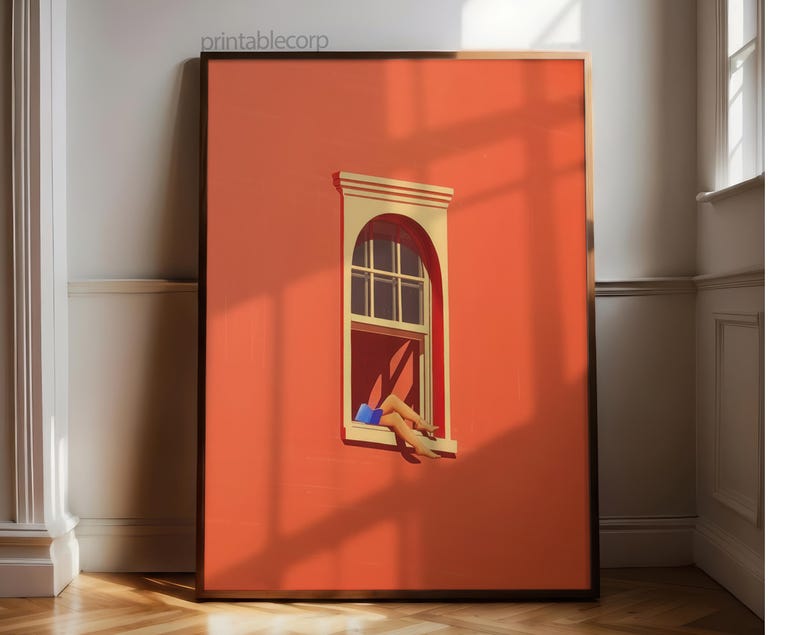 May include: A framed art print featuring a vibrant orange wall with a window. The window is arched and has a white frame. The artwork depicts legs and a blue object inside the window. The text "printablecorp" is in the top left corner.